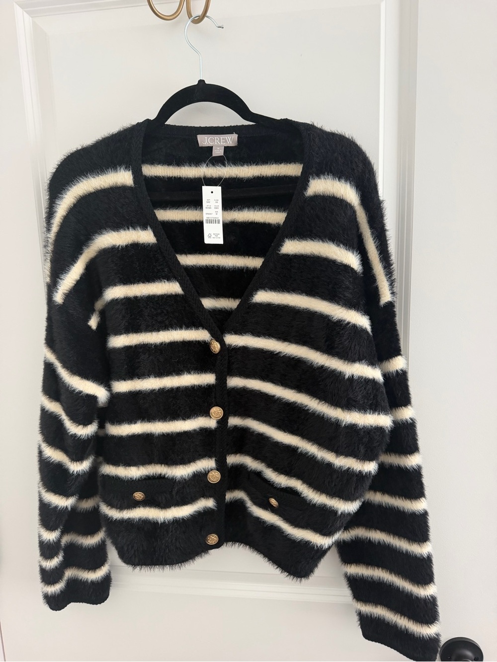 J. Crew Black and White Fuzzy Striped V-Neck Cardigan